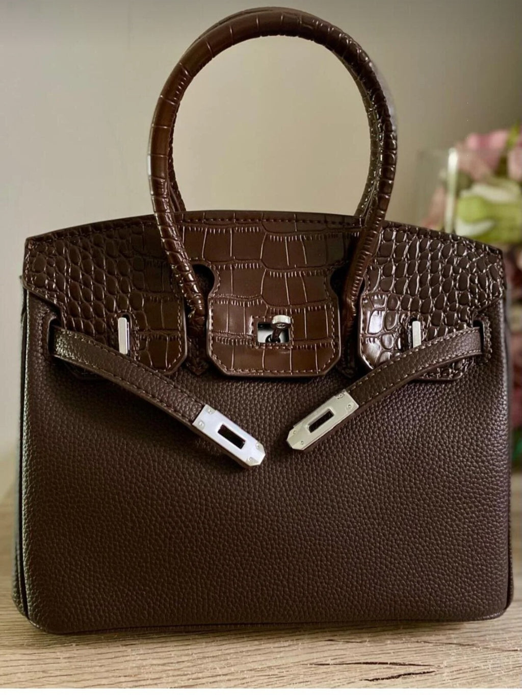 Dark brown half-croc handbag