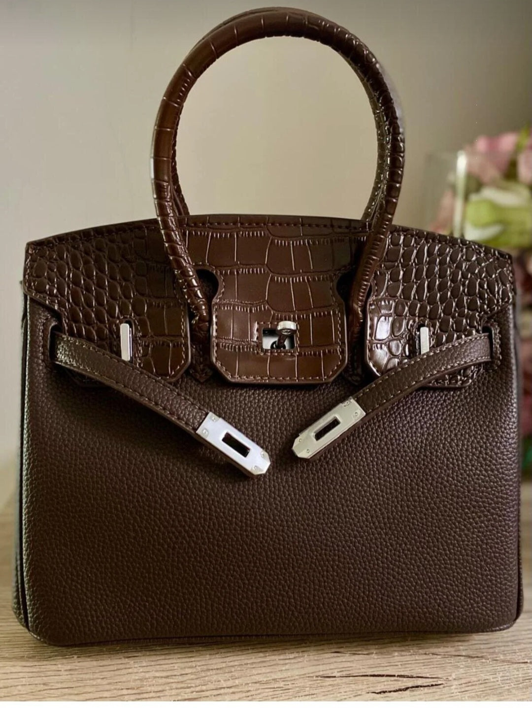 Dark brown half-croc handbag