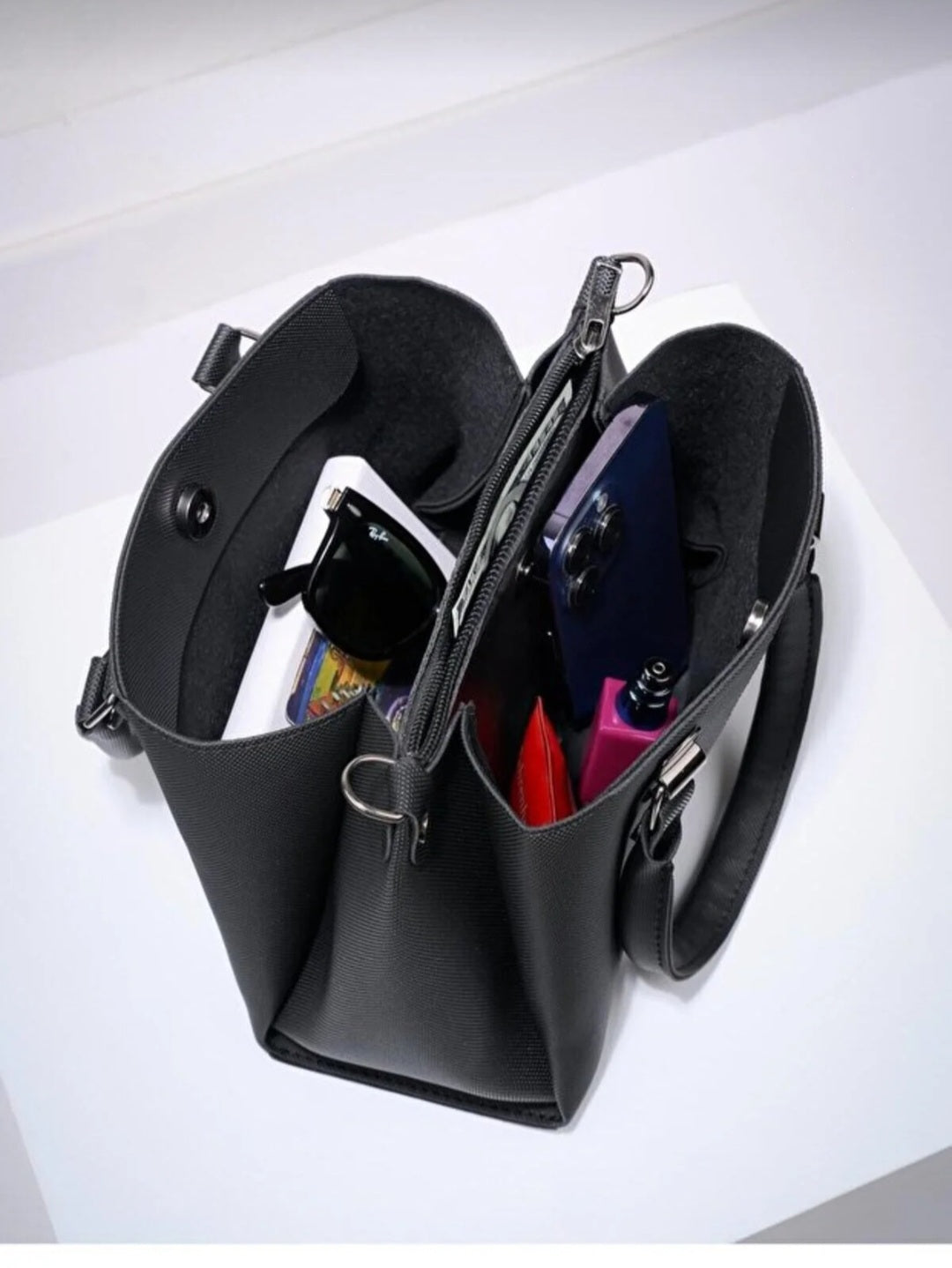 Marvelis Eta 3 Compartment Lacos Leather Crossbody and Shoulder Black Women's Bag