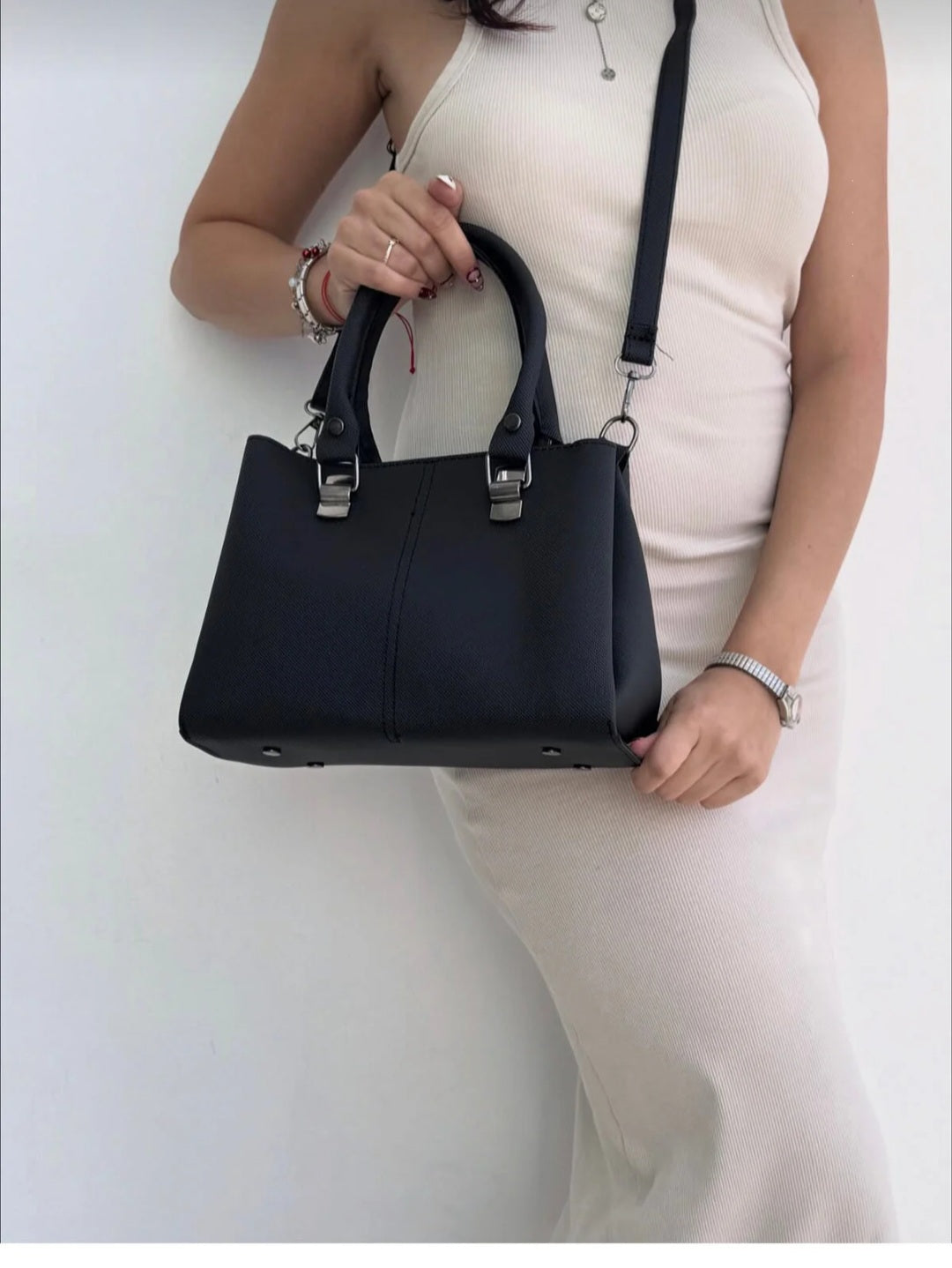 Marvelis Eta 3 Compartment Lacos Leather Crossbody and Shoulder Black Women's Bag