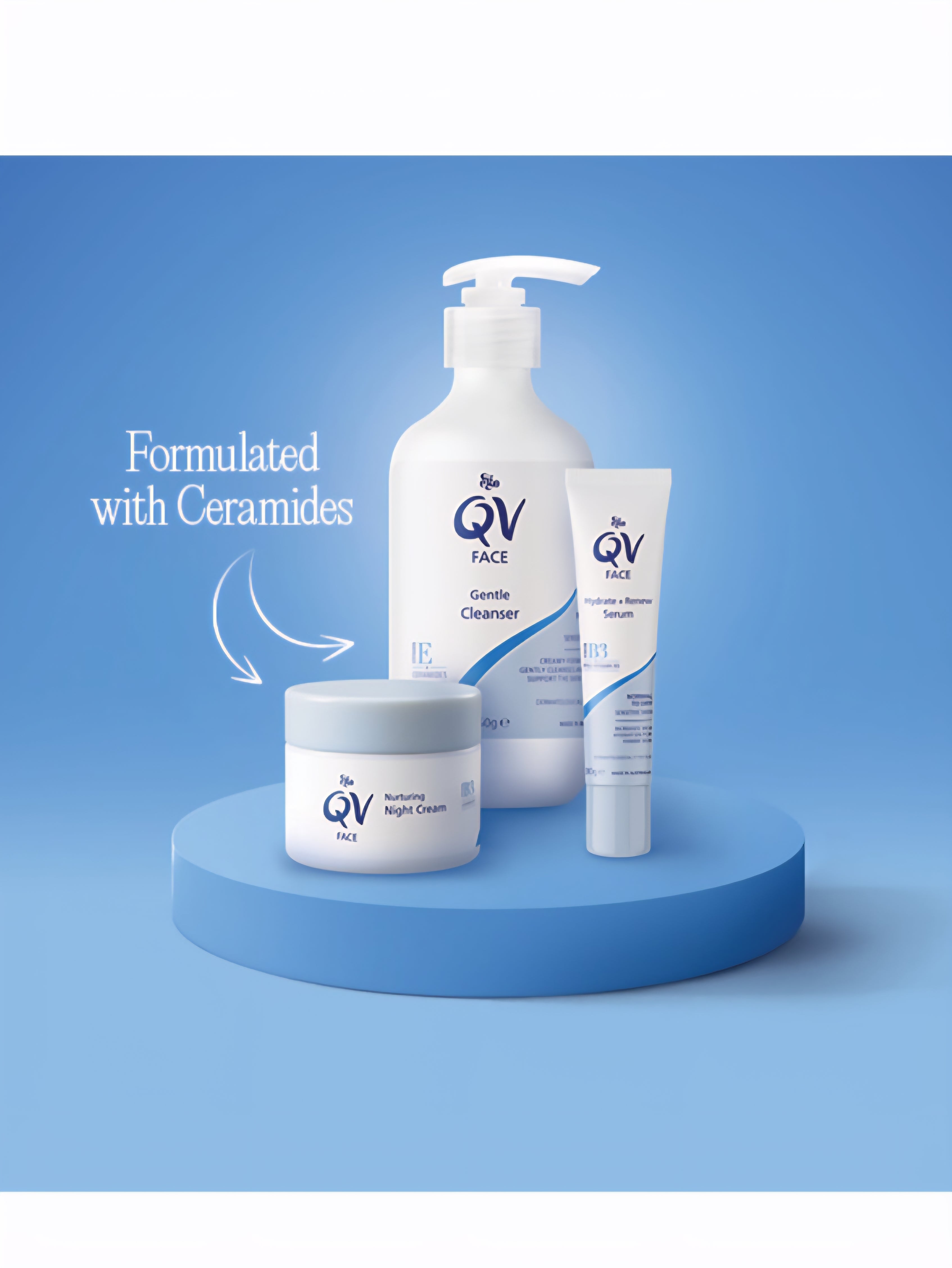 مجموعة كيوفي للوجه المعززة بالسيراميد: منظف لطيف، سيروم مرطب وكريم ليلي مغذي