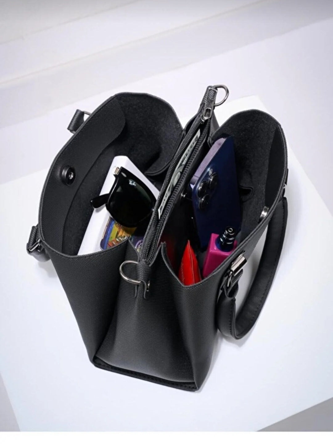 Marvelis Eta 3 Compartment Lacos Leather Crossbody and Shoulder Black Women's Bag