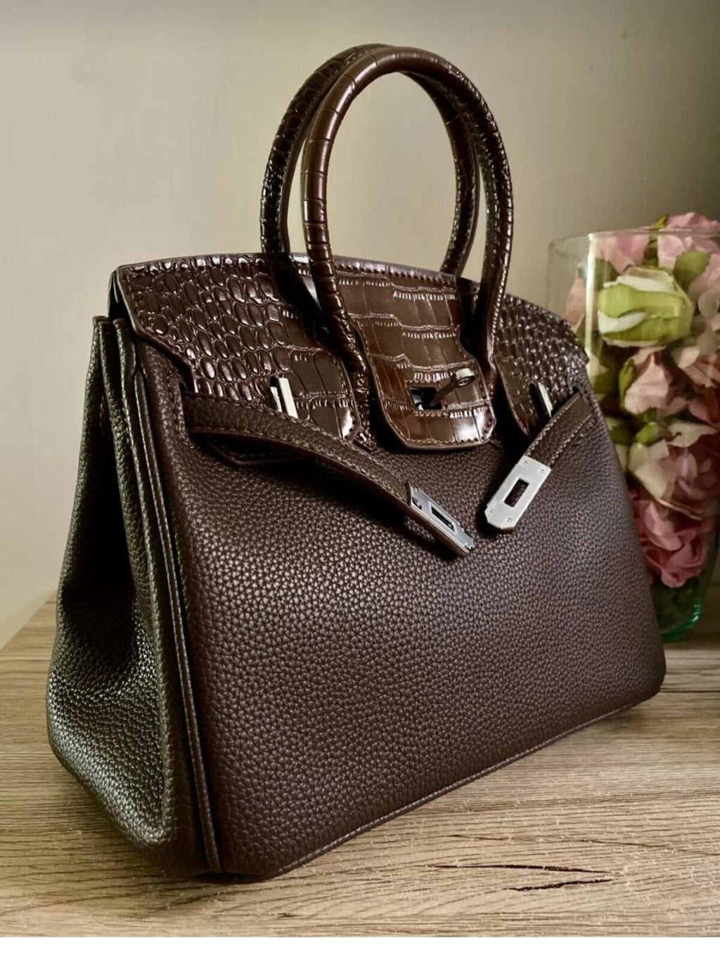 Dark brown half-croc handbag