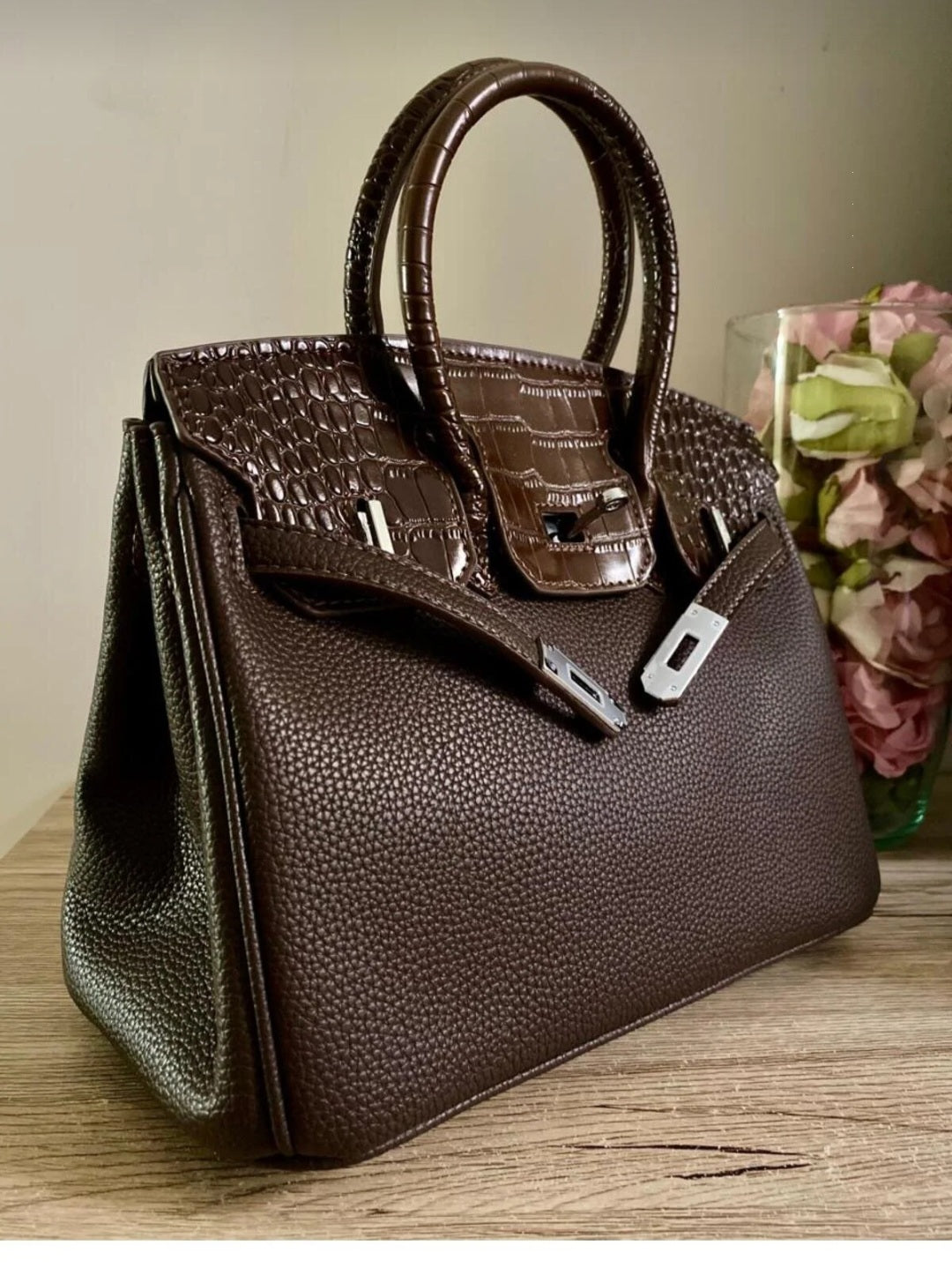 Dark brown half-croc handbag